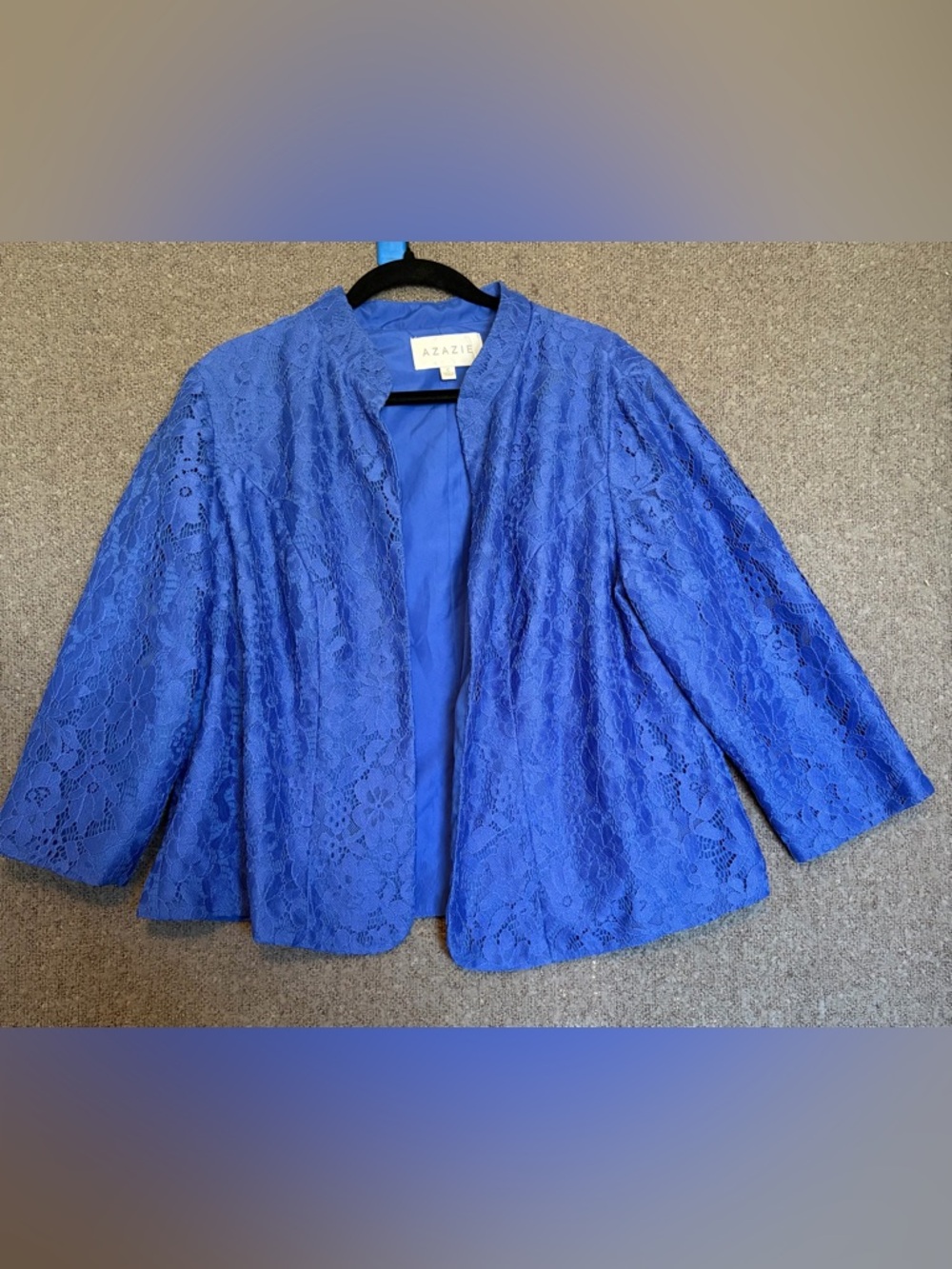 Azazie Blue Lace Open-Front Jacket